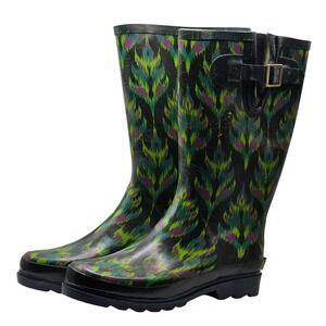 Western Chief Peacock patterned Green Rain Boots Women's Size‎ 7 Tall Waterproof